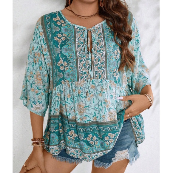 Plus Colorful Floral Print Neck Tie 3/4 Sleeve Blouse - Picture 8 of 11